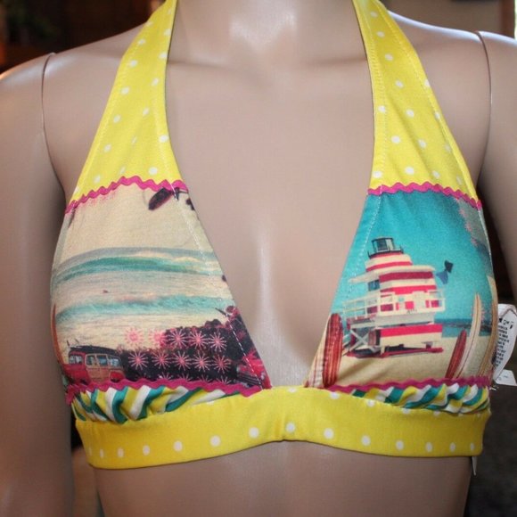ECO FRIENDLY YELLOW POLKA DOT HALTER BIKINI SURF M - Picture 4 of 5
